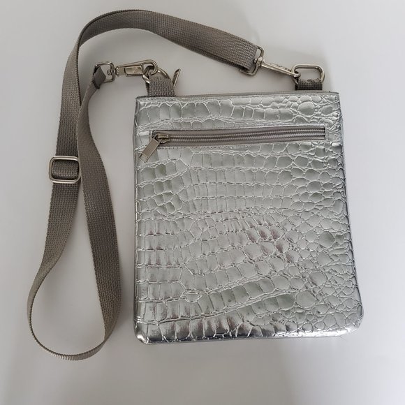 Vintage Shiny Silver Embossed Croc Crossbody Bag Adjustable Band Strap Quality - Picture 2 of 11
